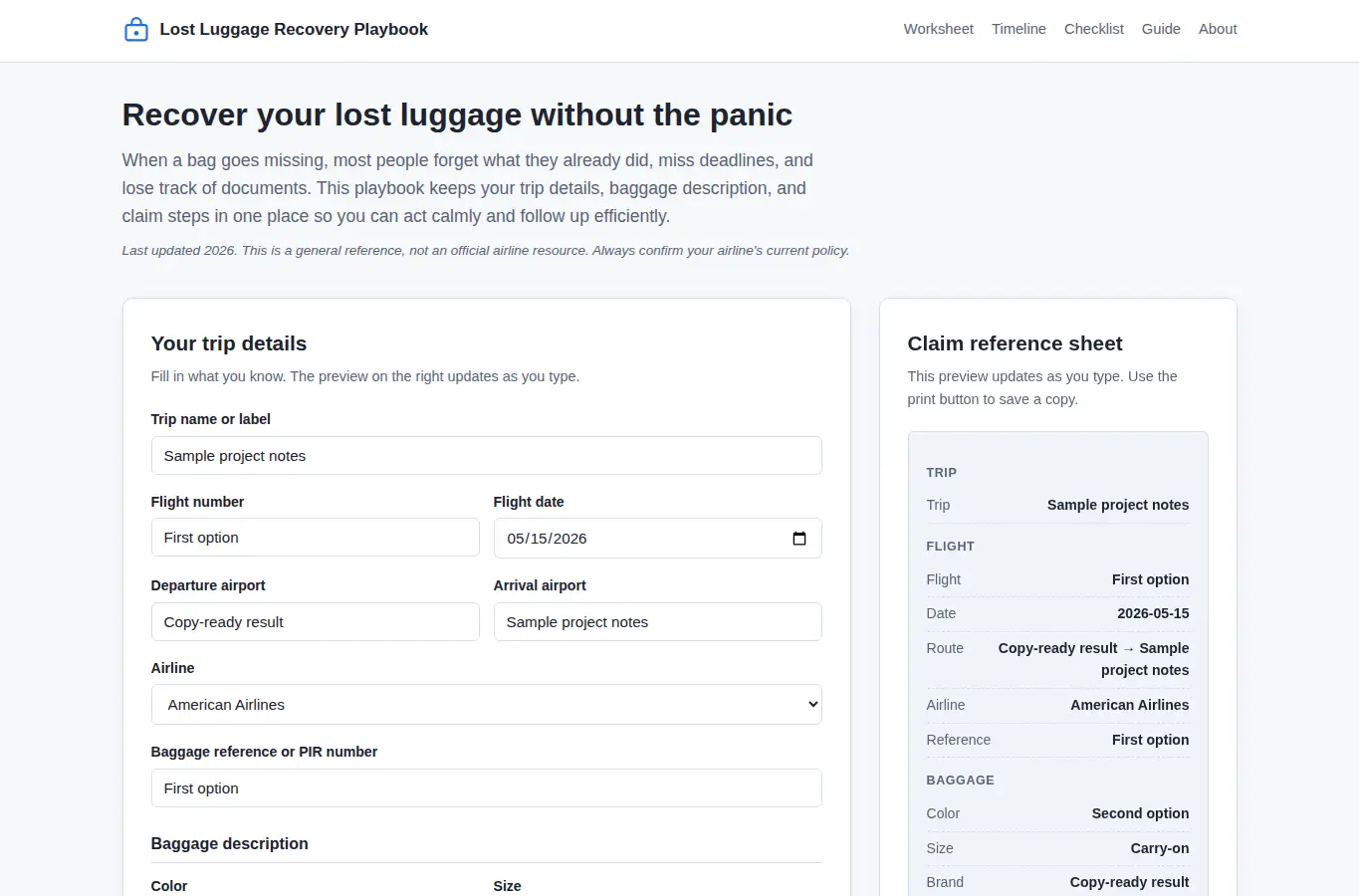 Screenshot of Lost Luggage Recovery Playbook interface showing the project page in use